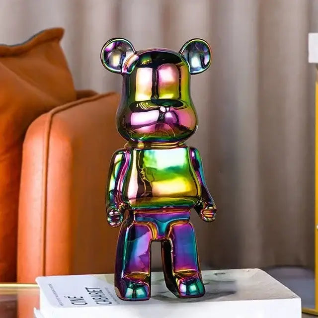 Iridescent rainbow-finished bearbrick piggy bank with glossy surface for bear tv cabinet sculpture decor