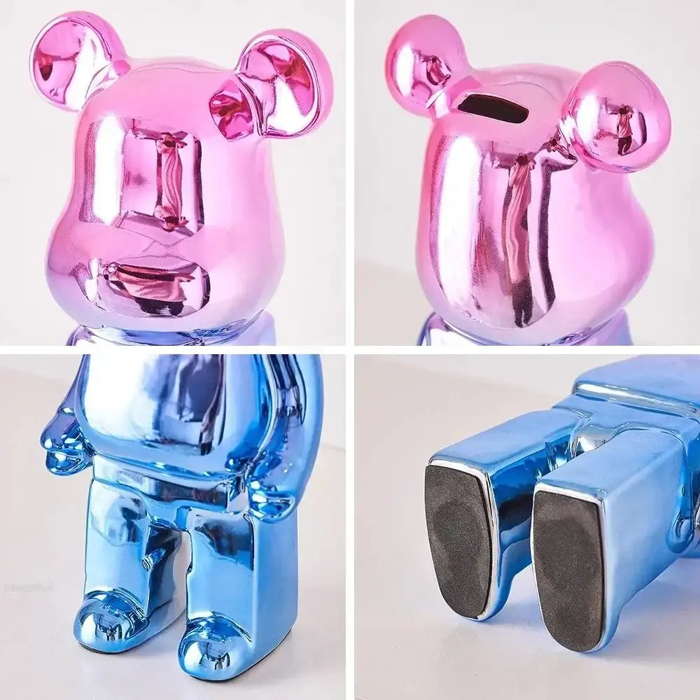 Shiny pink and blue metallic bear-shaped piggy bank with glossy finish for iridescent bear tv cabinet sculpture decor