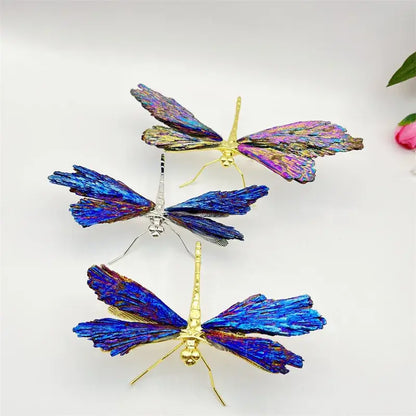 Iridescent blue and purple crystal dragonfly decorative figurines with metallic gold and silver bodies for bedroom decor