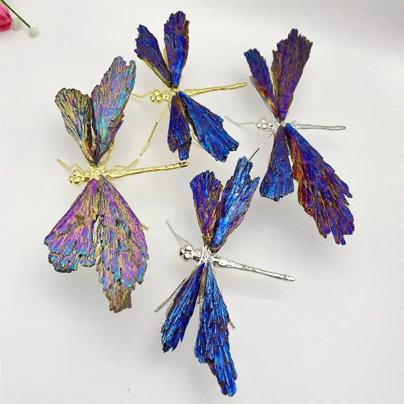 Iridescent blue and purple crystal dragonfly decorative figurines with metallic gold silver and bronze bodies for bedroom decor