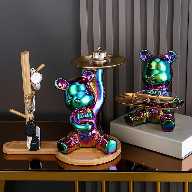 Iridescent decorbites colorful bear ceramic storage box with gold tray designed as a living room centerpiece