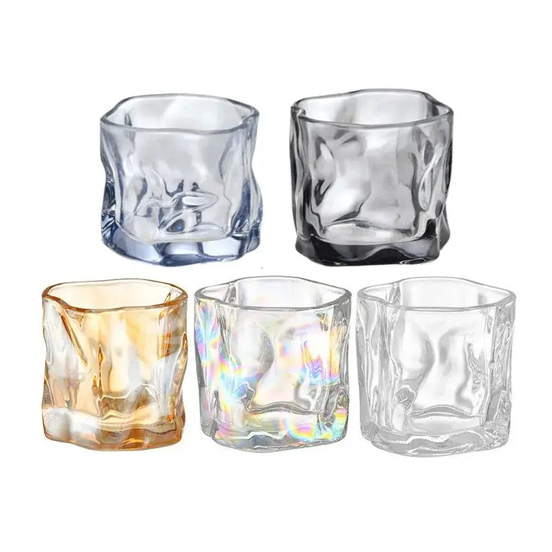 Set of five iridescent floral decorbites iceberg glass cup tumblers in clear amber and textured finishes for dining room use