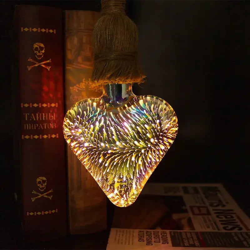 Heart-shaped led bulb with warm iridescent glow and rustic twine suspension decorbites 3d fireworks night light
