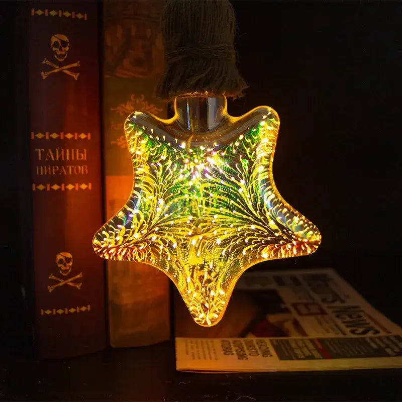 A glowing star-shaped glass fireworks led bulb with green and gold filigree decorbites 3d fireworks design