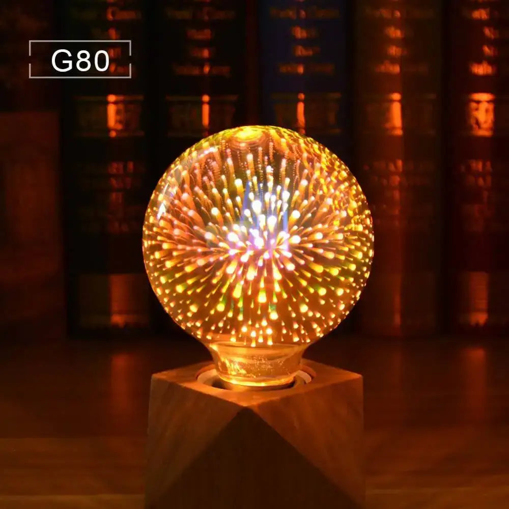 G80 model spherical led bulb with glass globe emits warm golden light creating iridescent geometric 3d fireworks effect