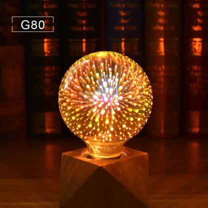 G80 model spherical led bulb with glass globe emits warm golden light creating iridescent geometric 3d fireworks effect