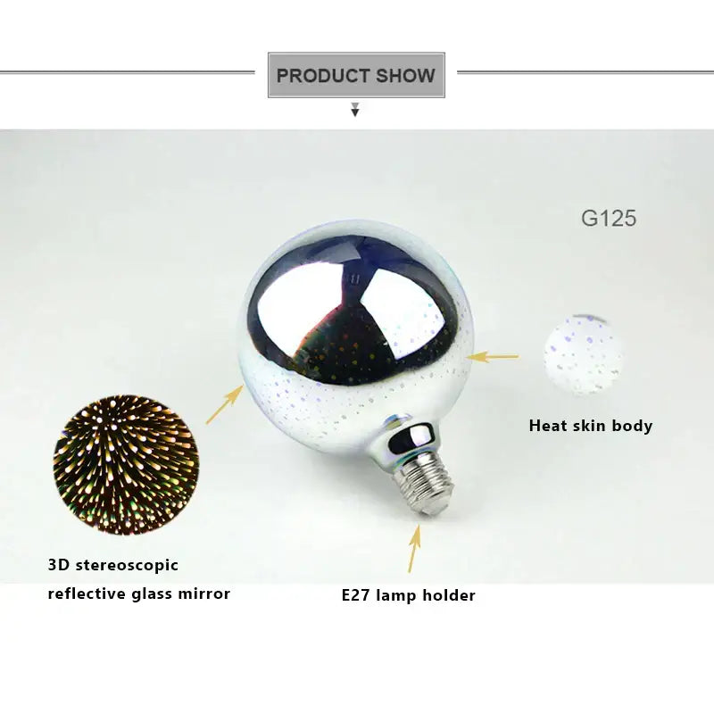 Iridescent geometric 3d fireworks led bulb with heat skin body and stereoscopic reflective glass mirror for decorbites star night light