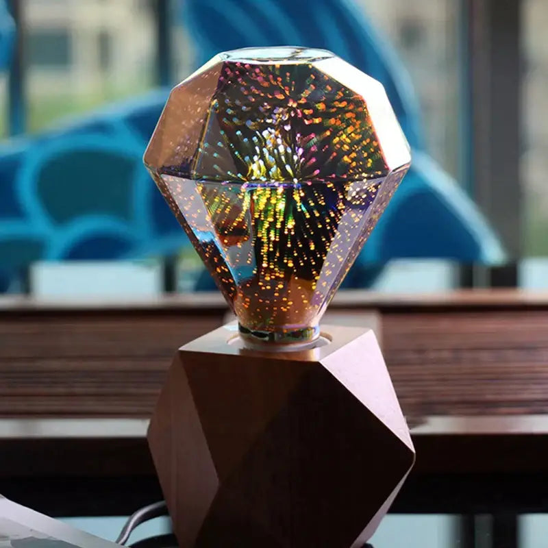Iridescent geometric faceted led bulb with transparent crystal design and rainbow fireworks effect for bedroom decorbites 3d fireworks