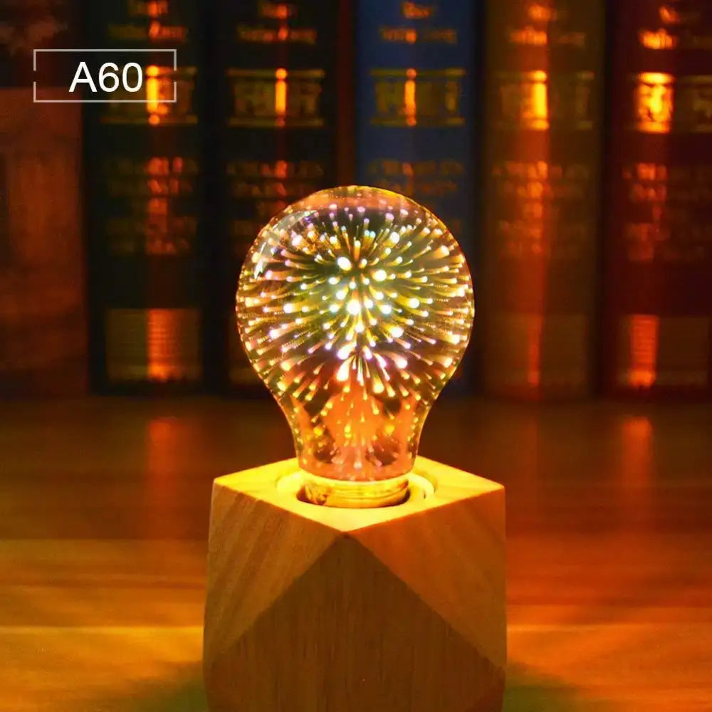 A glowing led bulb with vibrant multicolored iridescent geometric 3d fireworks inside on a wooden base decorbites night light