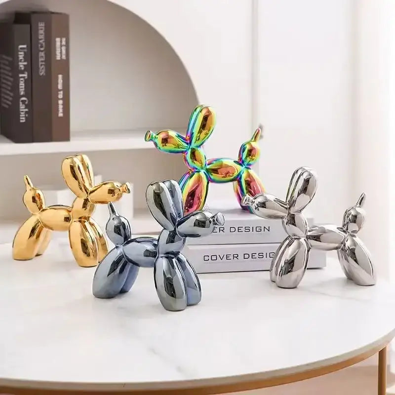 Shiny metallic balloon dog ceramic sculptures in gold silver and iridescent finishes for living room decor