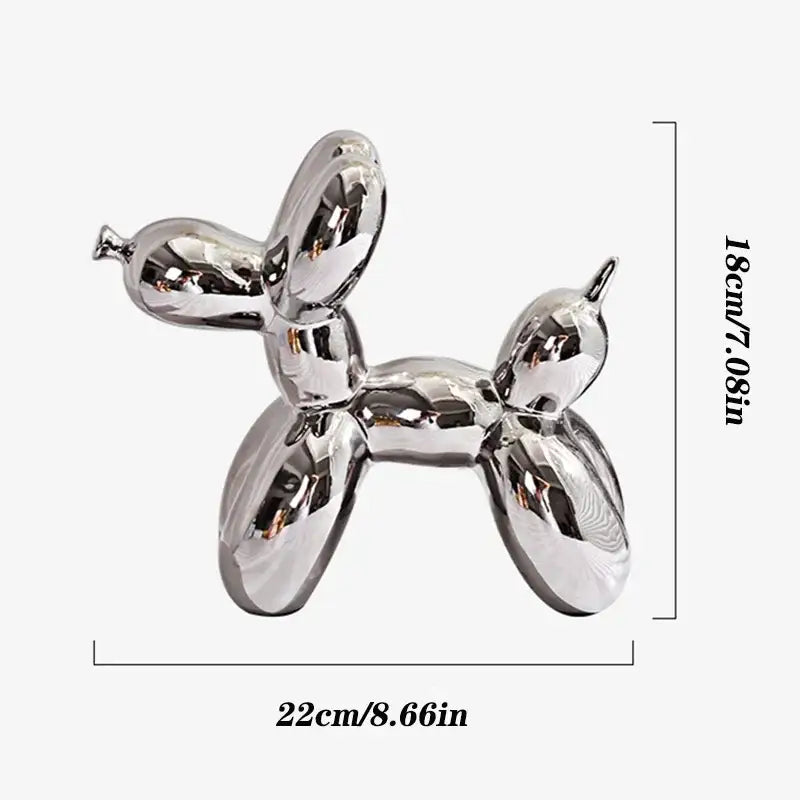 Shiny chrome balloon dog ceramic sculpture 18cm tall 22cm wide iridescent glossy living room decor