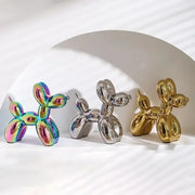 Iridescent glossy balloon dog ceramic sculpture with a reflective surface for living room decor