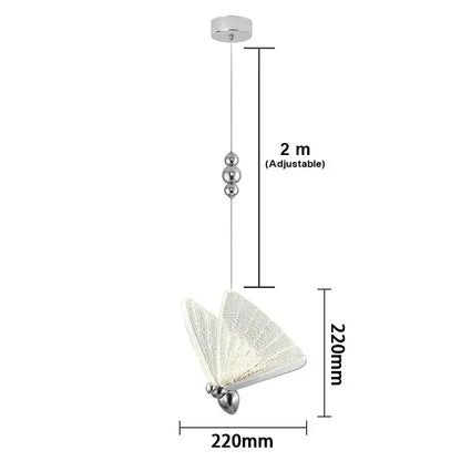 Silver butterfly pendant light with textured translucent wings and three chrome beads on adjustable chain for living room