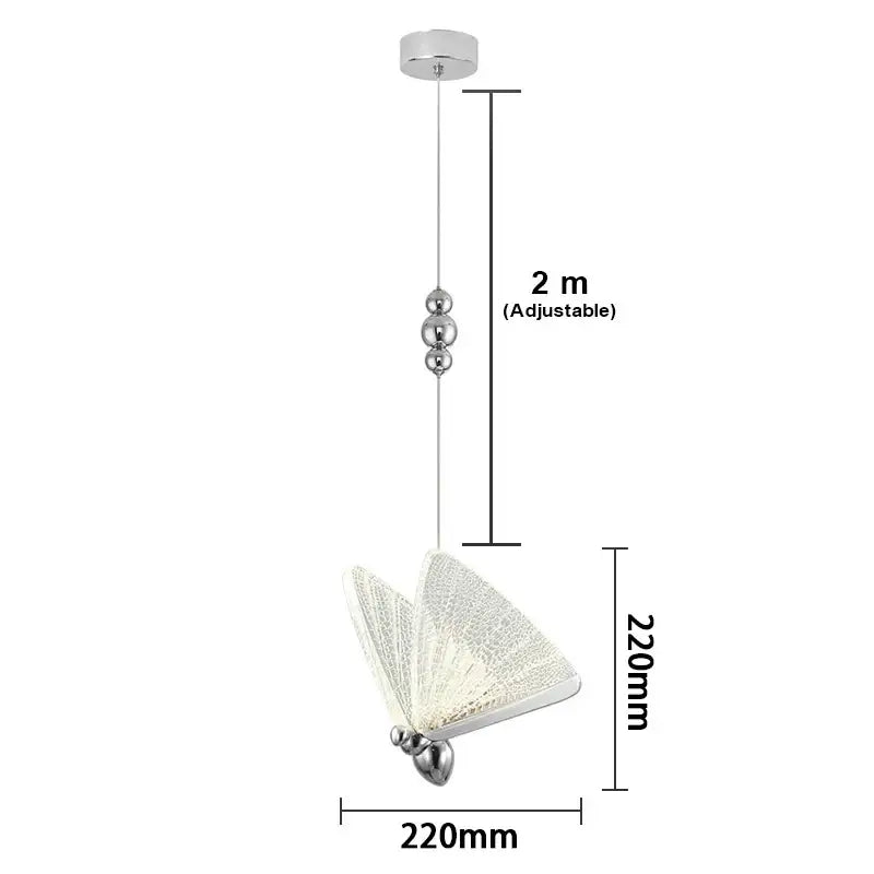 Silver butterfly pendant light with textured translucent wings and three chrome beads on adjustable chain for living room