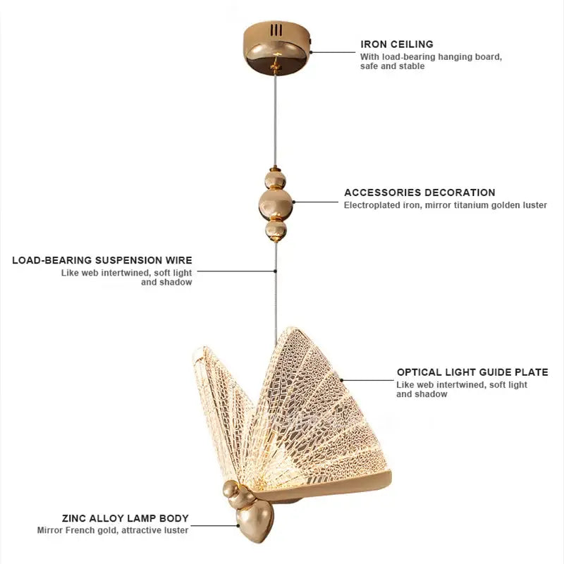 Iridescent gold butterfly pendant light with intricate web-like patterns and zinc alloy body for living room