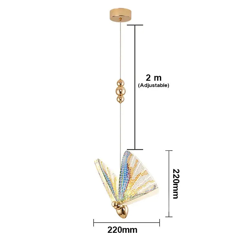 Iridescent gold butterfly pendant lights with blue and silver wings for living room and dining room decor