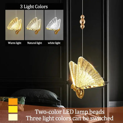 Iridescent gold butterfly pendant lights with intricate two-color led beads emitting warm natural or white light for living room