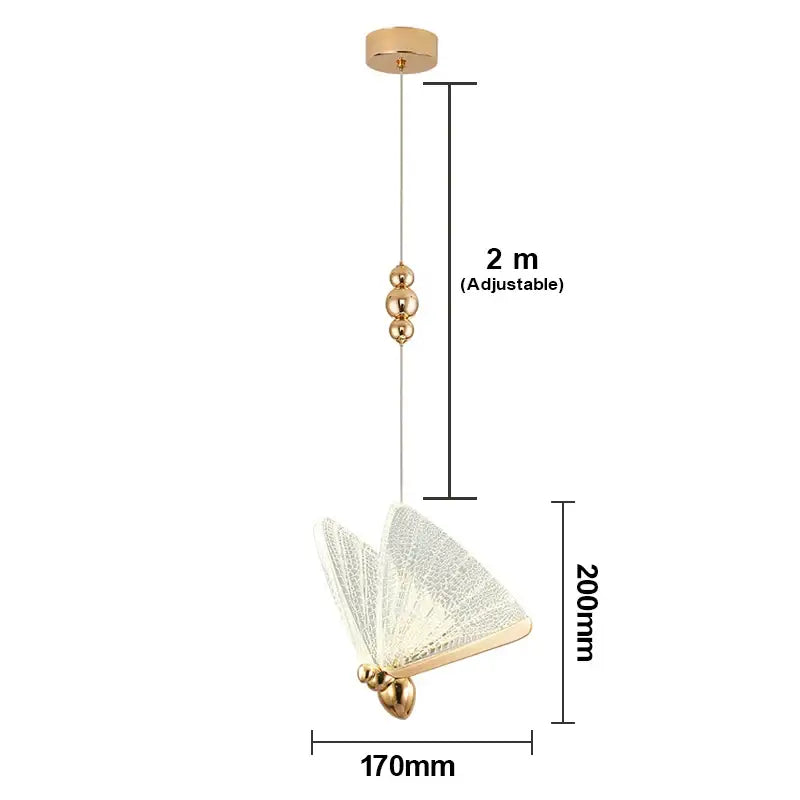 Gold-toned butterfly pendant light with translucent textured wings and sleek metallic finish for living room use