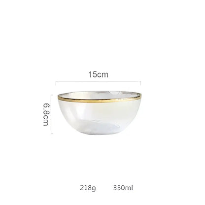 Clear glass salad bowl with iridescent gold rim measuring 15cm diameter and 6.8cm tall for dining use
