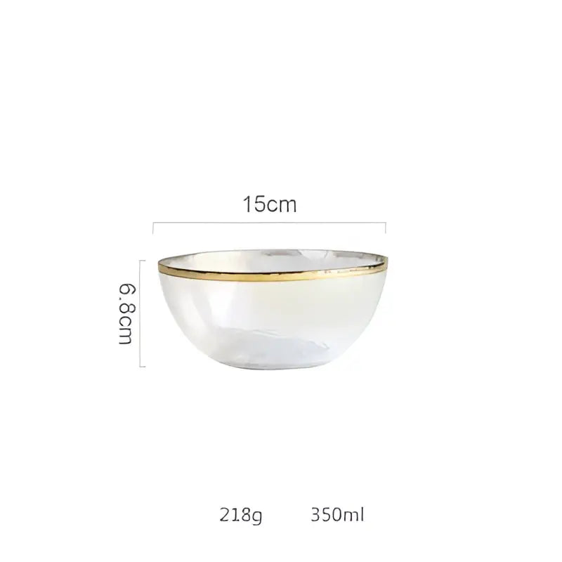 Clear glass salad bowl with iridescent gold rim measuring 15cm diameter and 6.8cm tall for dining use