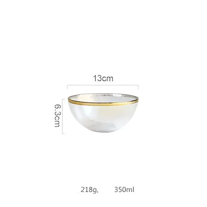Clear glass salad bowl with delicate iridescent gold rim measuring 13cm diameter and 6.3cm deep for dining use