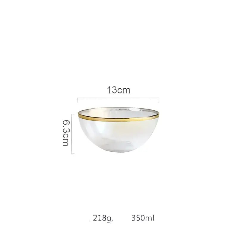 Clear glass salad bowl with delicate iridescent gold rim measuring 13cm diameter and 6.3cm deep for dining use