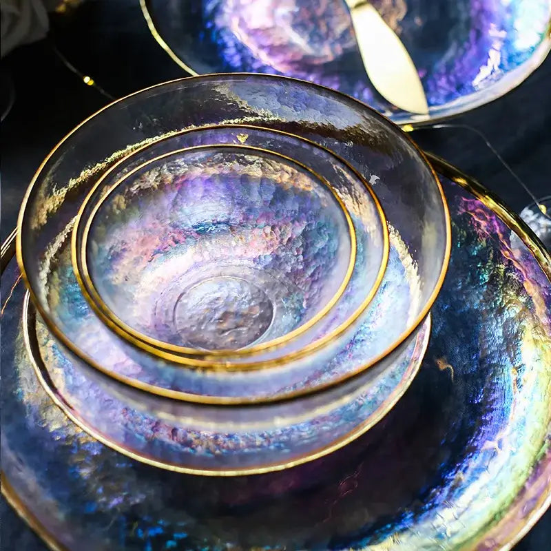 Iridescent glass salad bowl with hammered texture and gold rims for elegant dining room tableware