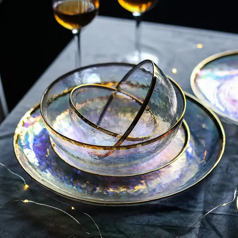 Iridescent glass salad bowl with gold rims and hammered texture for elegant dining room tableware use