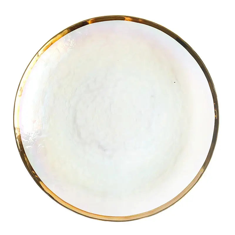 A round white ceramic glass salad bowl with glossy finish and iridescent gold rim for dining room tableware