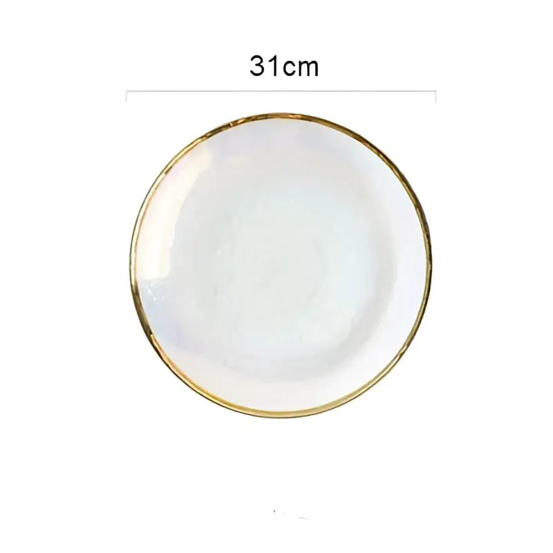 Iridescent gold rim glass salad bowl with a 31cm diameter glossy white surface for dining room tableware