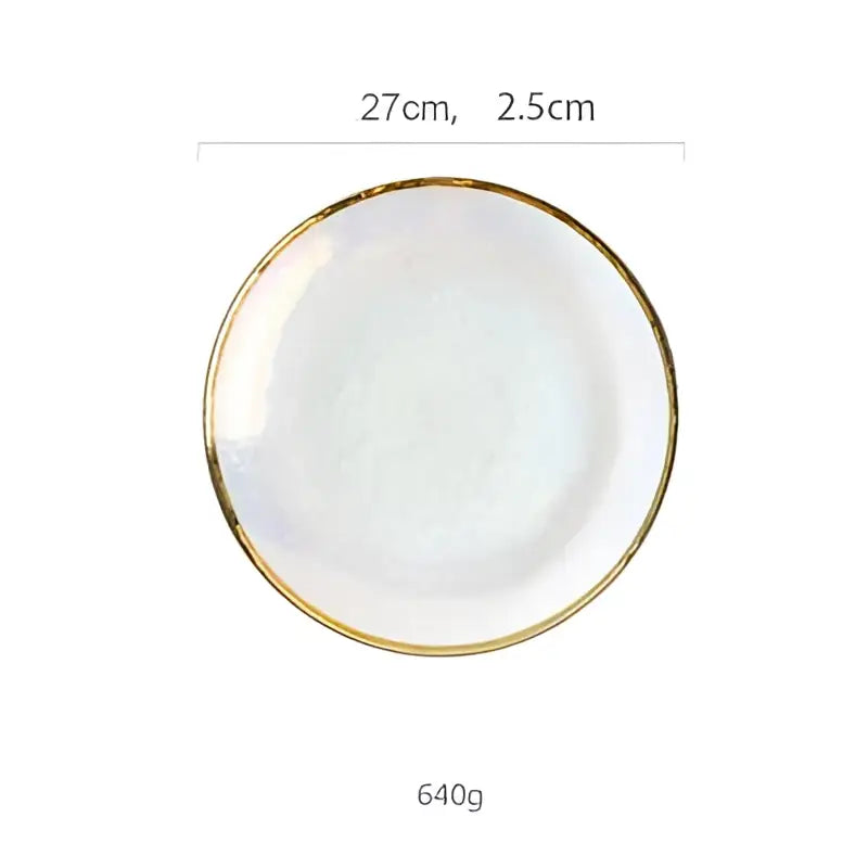 A white ceramic salad bowl with gold rim and iridescent glaze measuring 27cm for dining tableware
