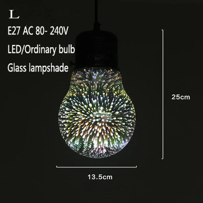 A 25cm tall glass pendant lampshade with vibrant iridescent fireworks pattern glowing in multiple colors for living room decor
