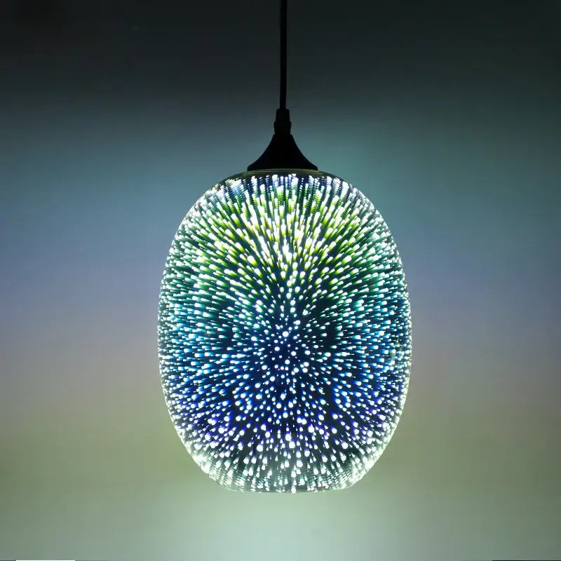 Elegant oval-shaped glass pendant light with a blue and green iridescent starburst pattern for living room decor