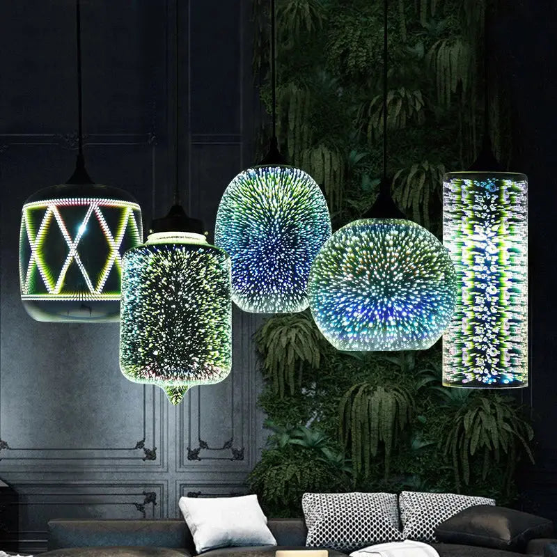 Five modern glass pendant lights with iridescent starburst led patterns in blue and green for living room decor