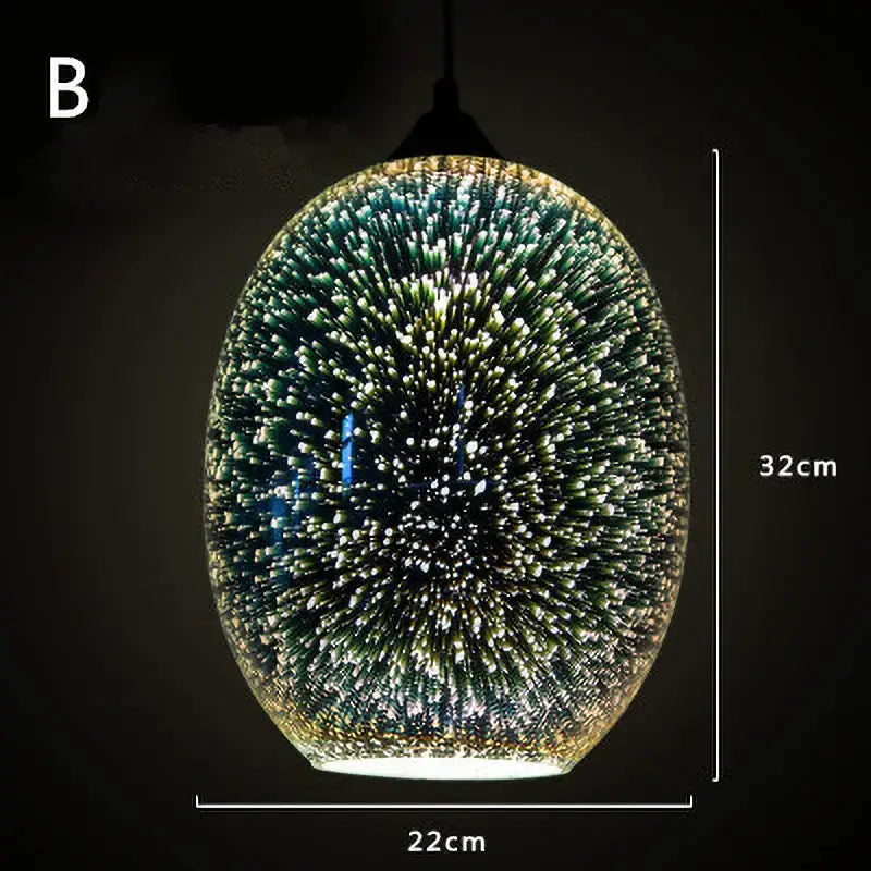 Oval-shaped glass pendant light with iridescent starburst design in green blue and white for living room decor
