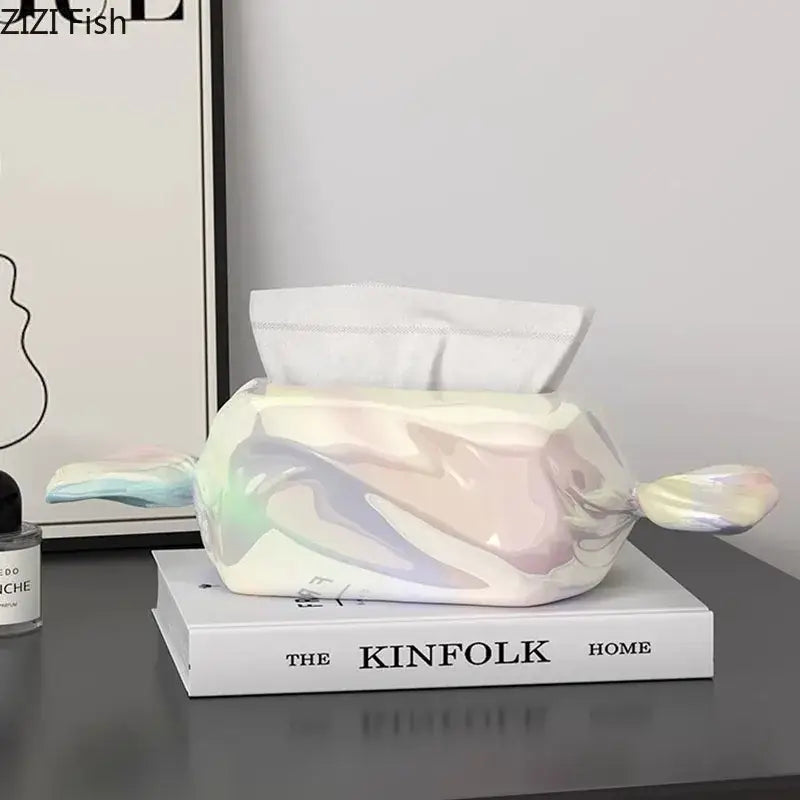 Iridescent whale ceramic tissue box holder with pastel swirling colors and glossy finish for living room decor