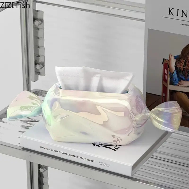 Iridescent whale ceramic tissue box holder with glossy holographic candy-shaped cover for living room decor