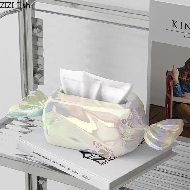 Iridescent whale ceramic tissue box holder with glossy holographic finish shaped like candy for living room decor