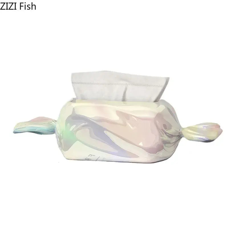 Iridescent whale ceramic tissue box holder with pearlescent pastel swirls for elegant living room decor