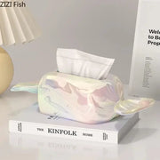 Iridescent whale ceramic tissue box holder with glossy holographic finish and pastel color gradients for living room decor