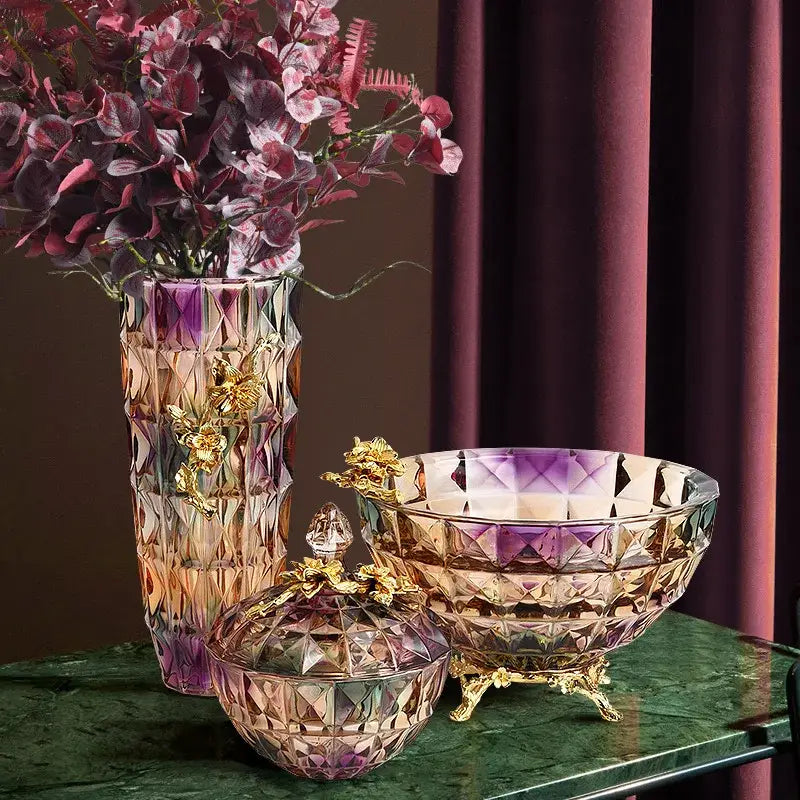 Iridescent iris crystal glass vase with gold leaf accents and faceted geometric design for elegant dining room decor