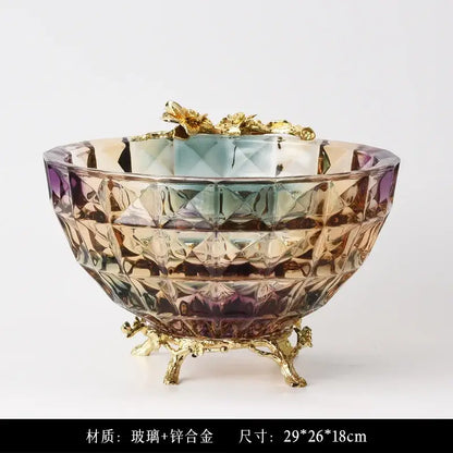 Iris crystal glass dessert bowl with multi-toned gradient, diamond-cut design, and gold leaf ornate feet and lid ornamentation