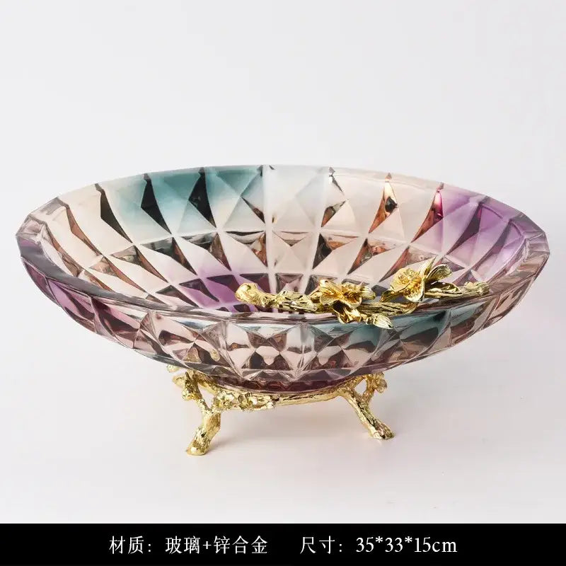 Iris crystal glass dessert bowl with purple teal gradient and gold leaf floral accents on ornate golden feet