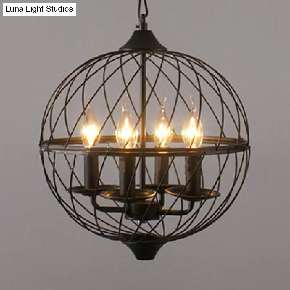 Iron Black Chandelier with Mesh Shade - 4-Bulb Industrial Ceiling Light for Dining Room