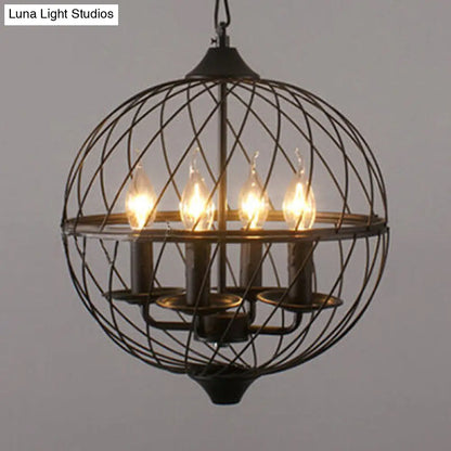 Iron Black Chandelier with Mesh Shade - 4-Bulb Industrial Ceiling Light for Dining Room