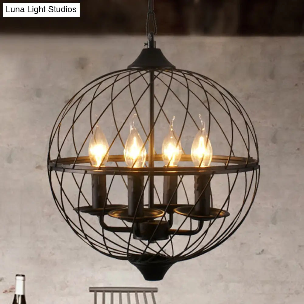 Iron Black Chandelier with Mesh Shade - 4-Bulb Industrial Ceiling Light for Dining Room