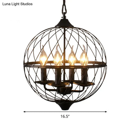Iron Black Chandelier with Mesh Shade - 4-Bulb Industrial Ceiling Light for Dining Room