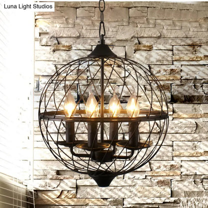 Iron Black Chandelier with Mesh Shade - 4-Bulb Industrial Ceiling Light for Dining Room