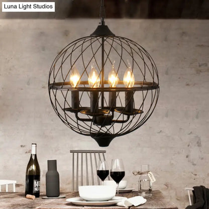 Iron Black Chandelier with Mesh Shade - 4-Bulb Industrial Ceiling Light for Dining Room