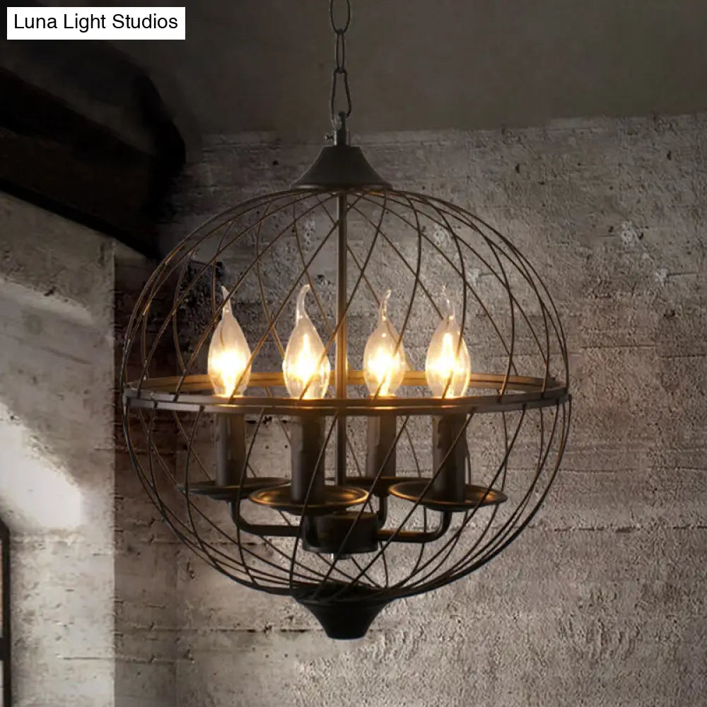 Iron Black Chandelier with Mesh Shade - 4-Bulb Industrial Ceiling Light for Dining Room